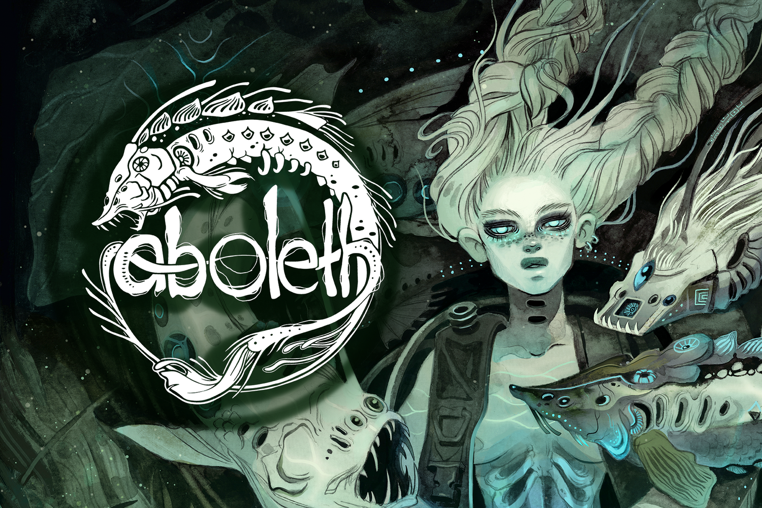 Aboleth logo on artwork of debut album Benthos. It shows underwater life with lady and sea monsters