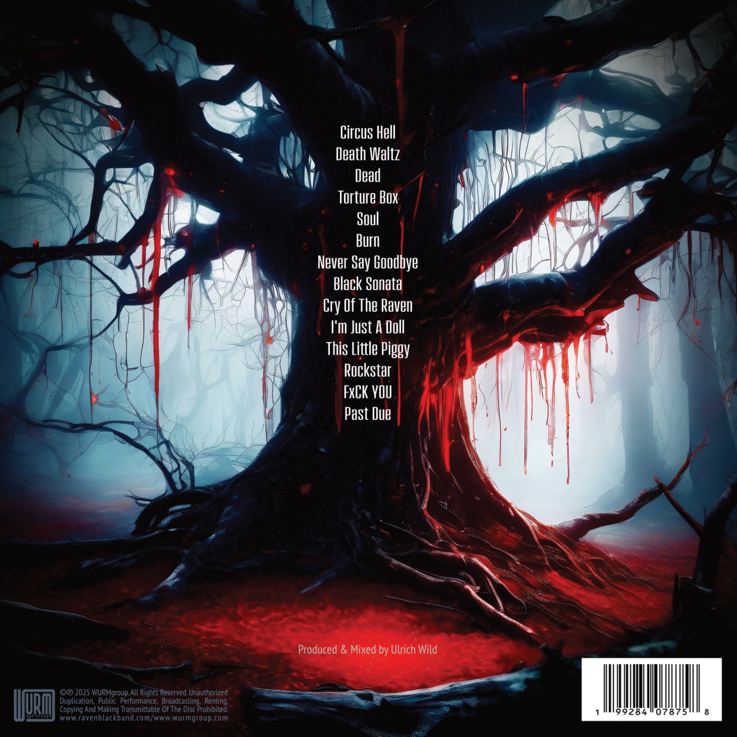 Raven Black - Black Sonata - back cover of the LP. Digital painting  a dark tree, almost black, with dripping red goo, possibly blood. Situated in a forest with more trees in the background, and strong backlight and haze. The son titles are listed  - Circus Hell, Death Waltz, Dead, Torture Box, Should, Burn, Never Say Goodbye, Black Sonata, Cry Of The Raven, I'm Just A Doll, This Little Piggy, Rockstar, FxCK YOU, Past Due. Produced and Mixed by Ulrich Wild. WURMgroup logo, UPC, and legal disclaimers.