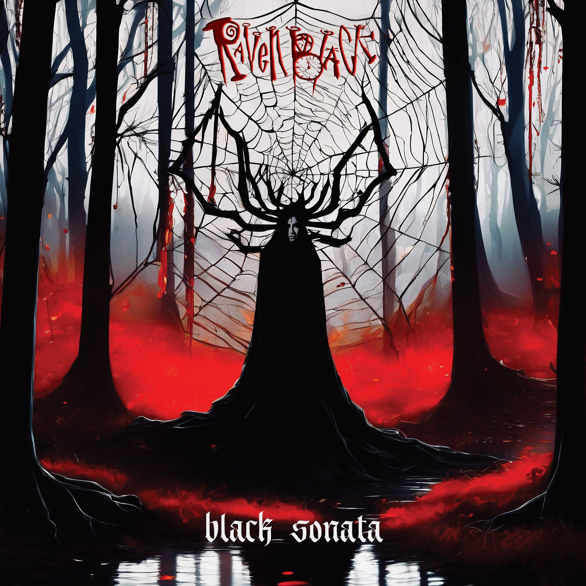 Raven Black's 'Back Sonata' - Cover for the new album. Lead singer Raven is standing in the forest. She looks like a statue with antlers in front of a huge spiderweb. Black trees and silhouette. Bright light coming from behind. Red, fiery floor