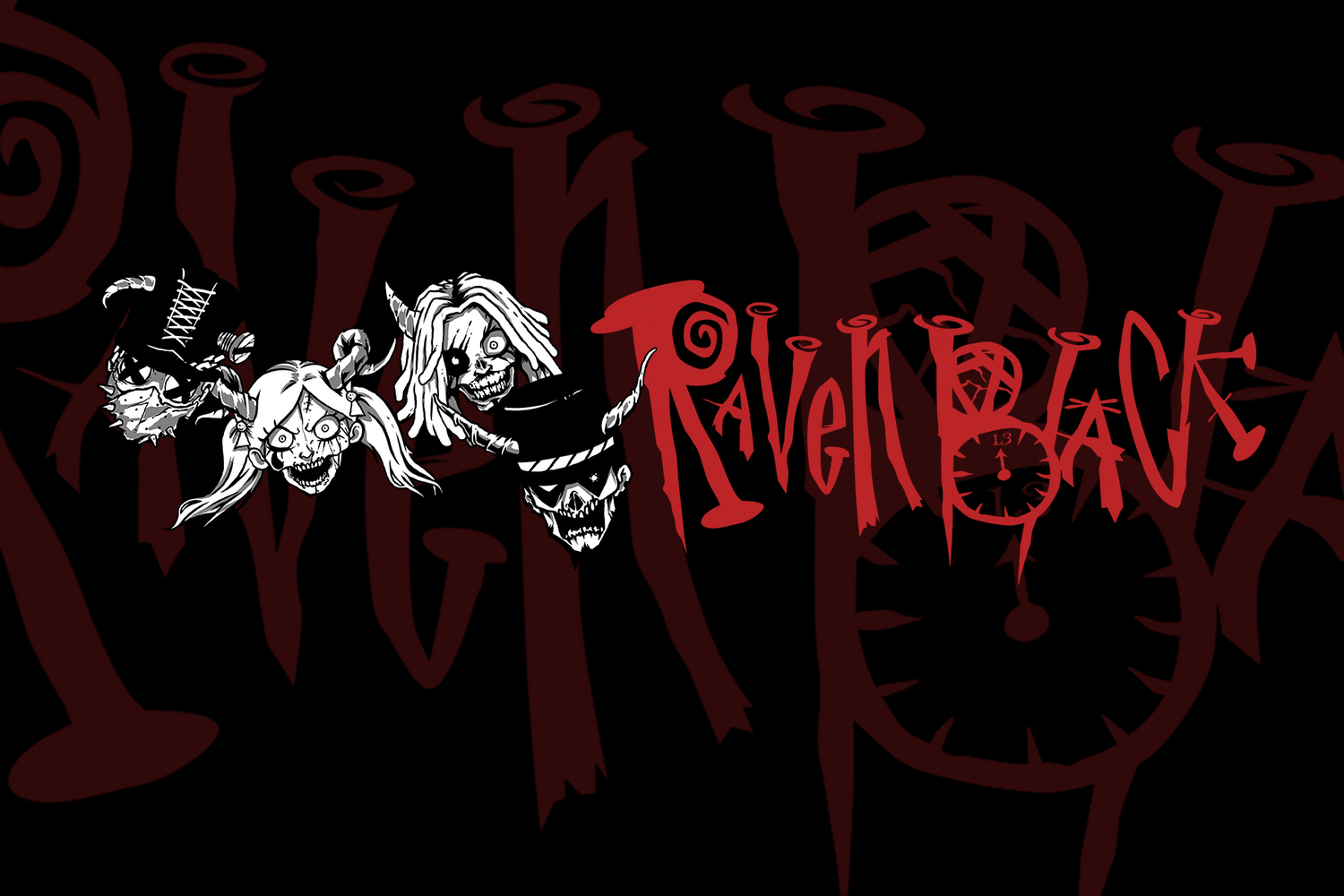 raven black logo with cartoon character faces and heads of the band members in white raven, stitches, mapped, doctor 