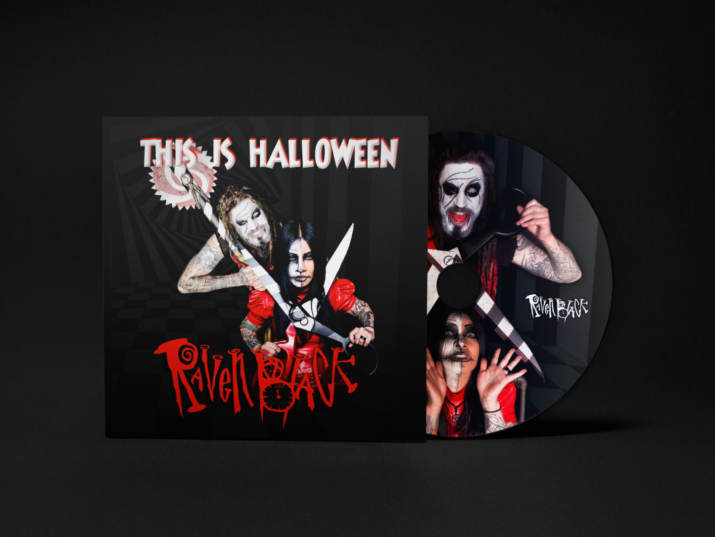 This Is Halloween By Raven Balck Written by Danny Elfman. Cover shows Raven and Muppet with oversized scissors and sawblade axe type weapon. Shows actual product. CD in wallet