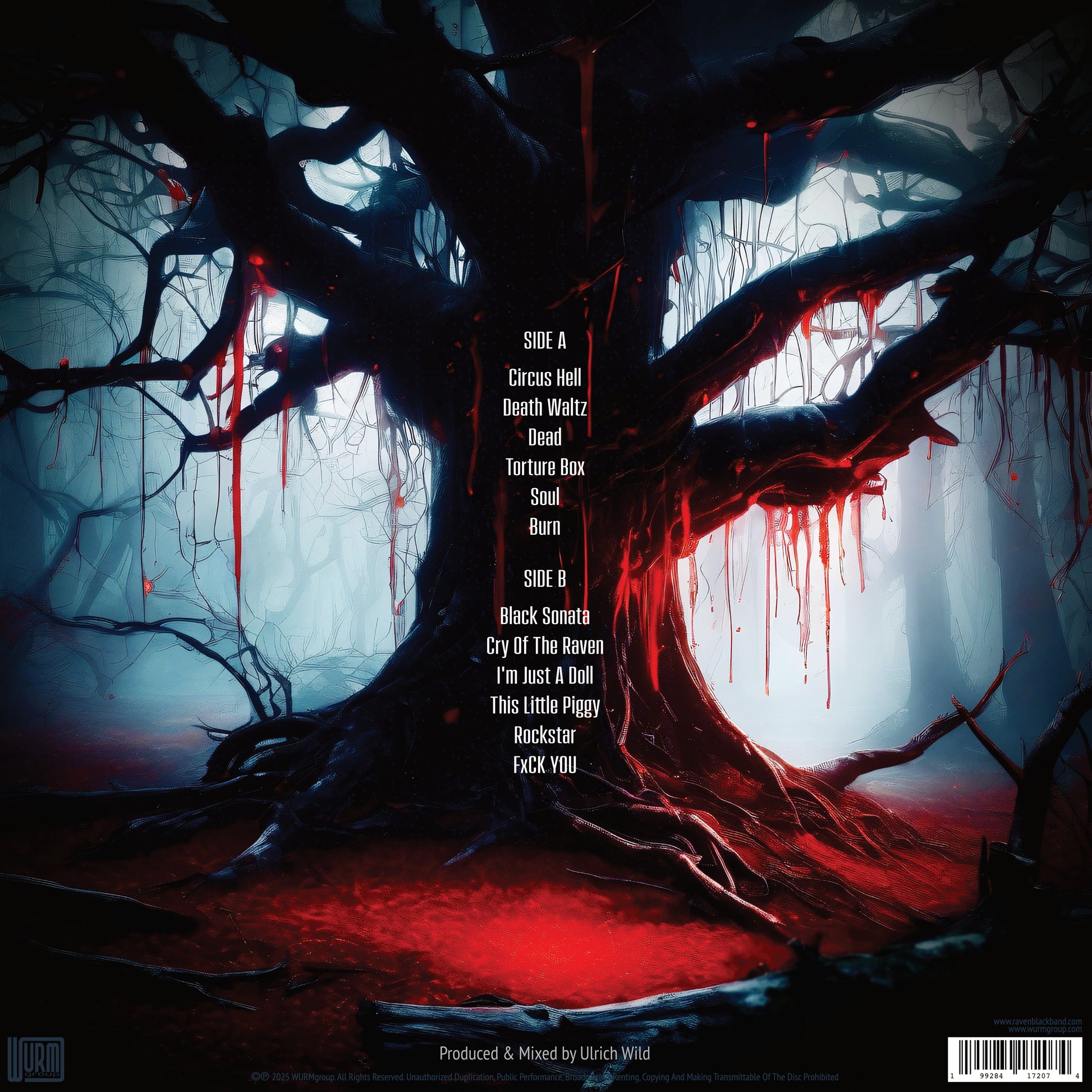 Raven Black - Black Sonata - back cover of the LP. Digital painting  a dark tree, almost black, with dripping red goo, possibly blood. Situated in a forest with more trees in the background, and strong backlight and haze. The son titles are listed for Side A - Circus Hell, Death Waltz, Dead, Torture Box, Should, Burn, and Side B - Black Sonata, Cry Of The Raven, I'm Just A Doll, This Little Piggy, Rockstar, FxCK YOU. Produced and Mixed by Ulrich Wild. WURMgroup logo, UPC, and legal disclaimers.