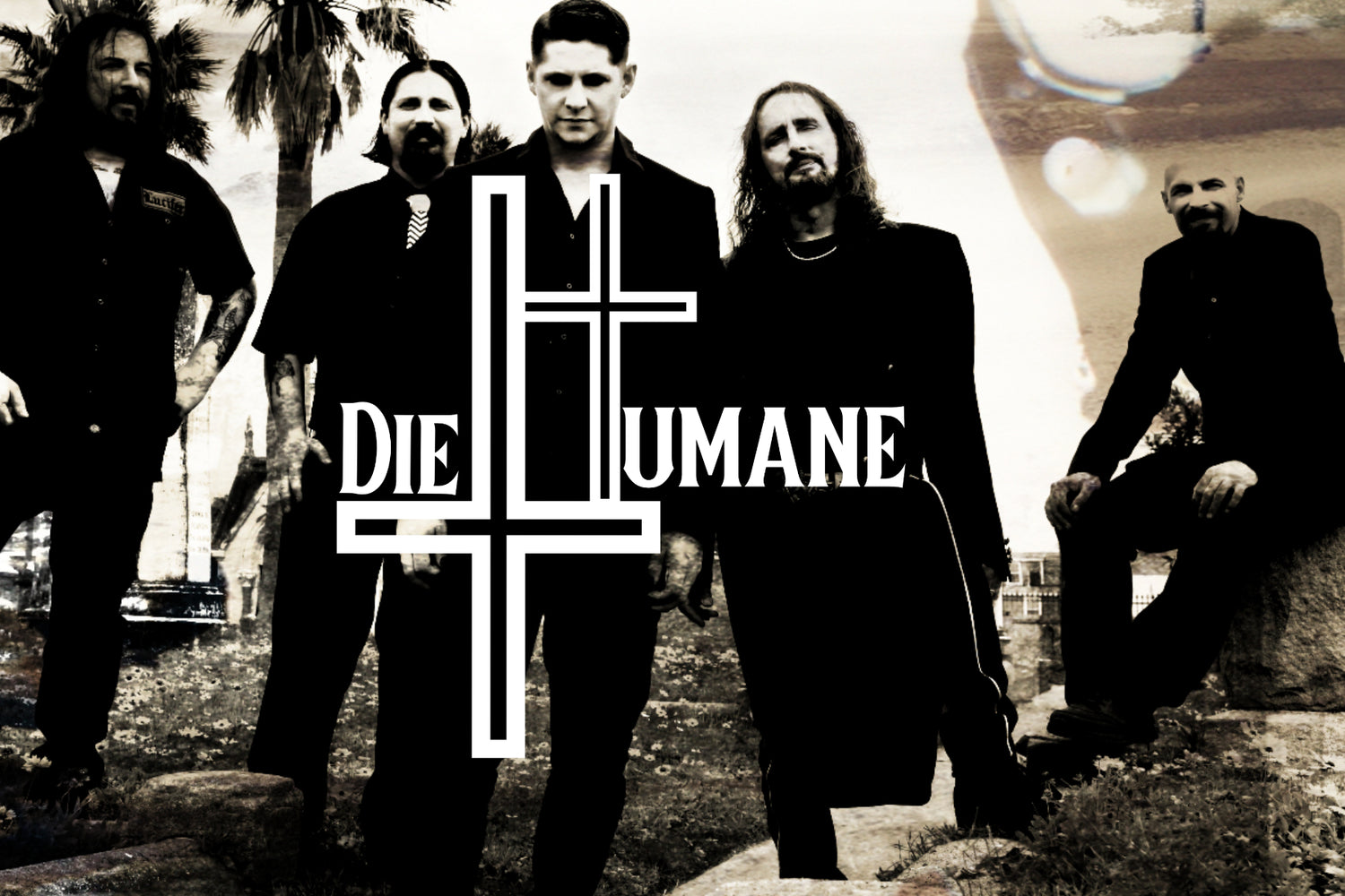 DieHumane banner showing the logo and the band dressed in black in a cemetery