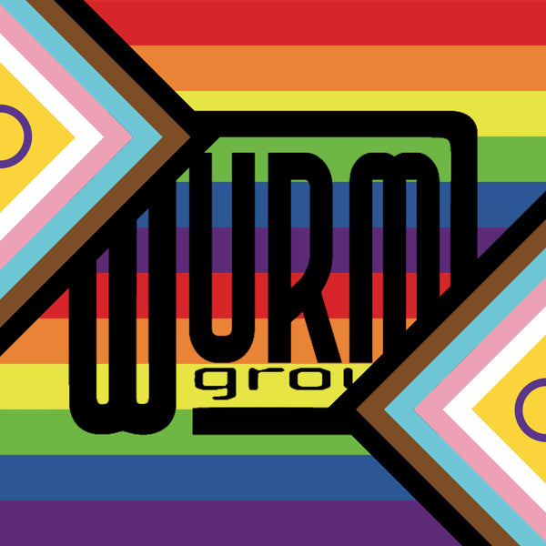 Colorful geometric design with 'Wurmgroup' logo on all inclusive pride, trans, intersex background LGBTQIA