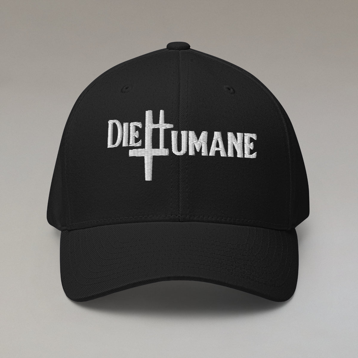 DieHumane hat. Black baseball cap with white stitching, embroidery