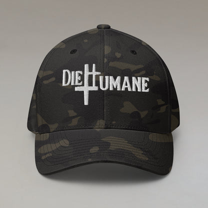 DieHumane hat. Black camo baseball cap with white stitching, embroidery