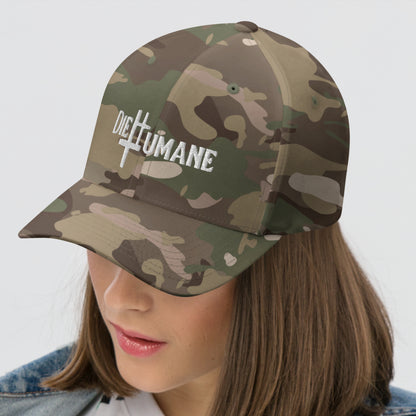 DieHumane hat. Female model with. Camo baseball cap with white stitching, embroidery