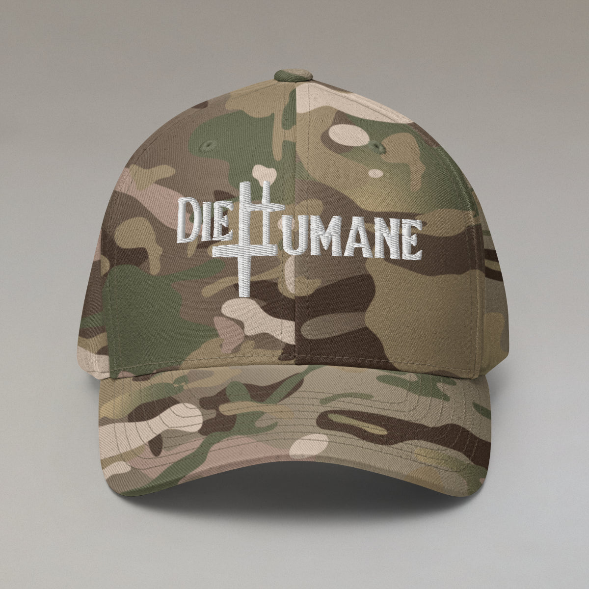 DieHumane hat. Green camo baseball cap with white stitching, embroidery