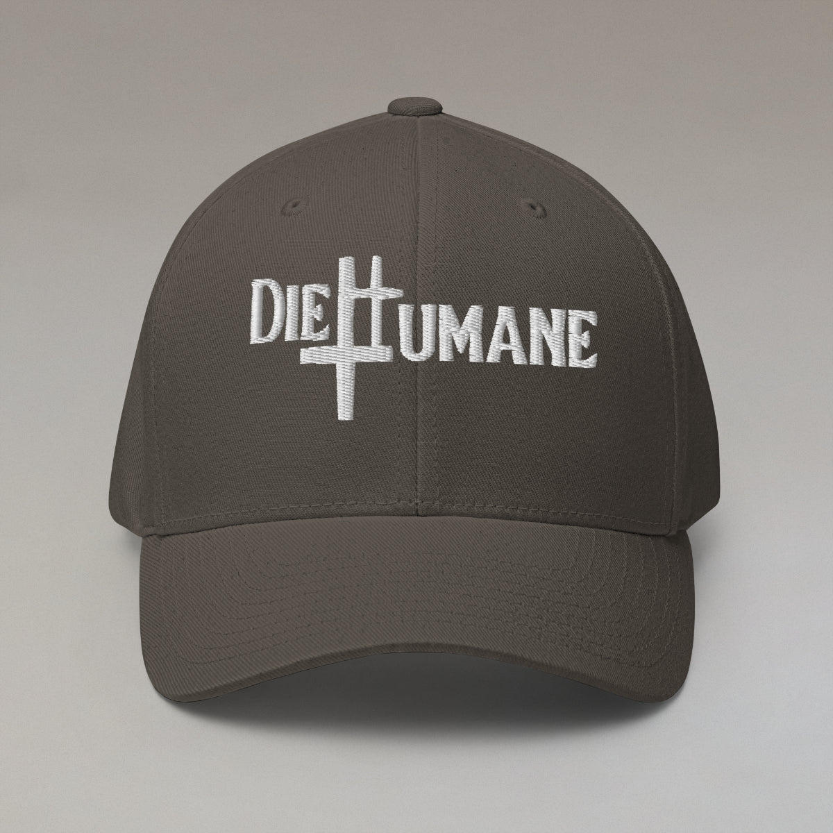DieHumane hat. Dark grey baseball cap with white stitching, embroidery