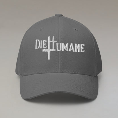 DieHumane hat. Light grey baseball cap with white stitching, embroidery