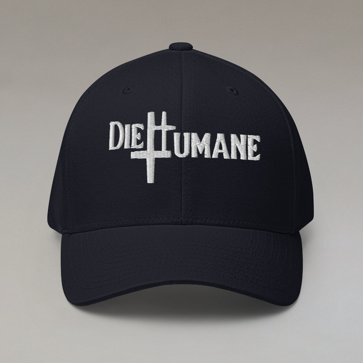 DieHumane hat. Navy baseball cap with white stitching, embroidery